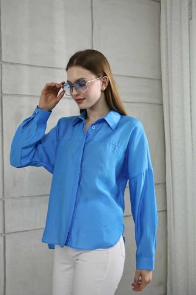 Arkası dügme detaylı uzun kollu gömlek Mavi