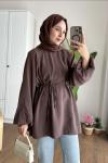 Balon Kol Belden Bağlamalı Gömlek Acı Kahve