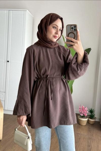 Balon Kol Belden Bağlamalı Gömlek Acı Kahve