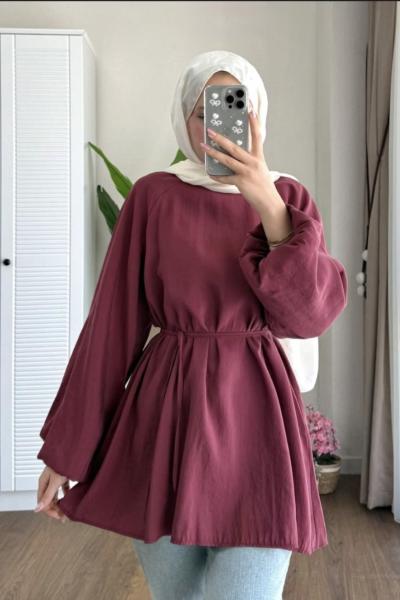 Balon Kol Belden Bağlamalı Gömlek Bordo