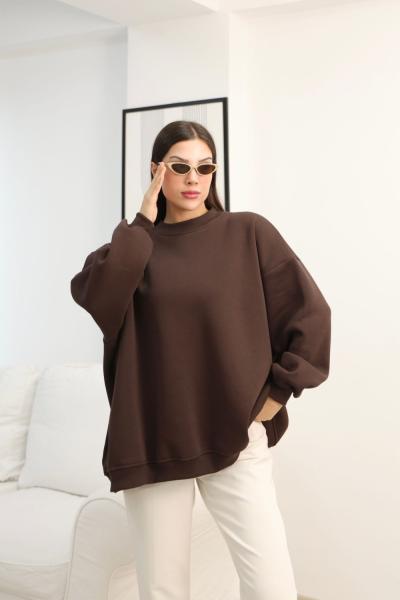 Bisiklet yaka oversize sweatshirt Kahverengi