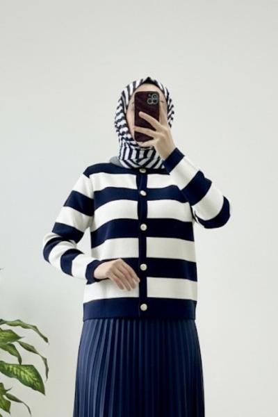 Breton çizgili triko hırka Lacivert