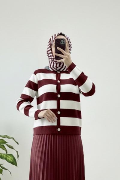 Breton çizgili triko hırka Bordo