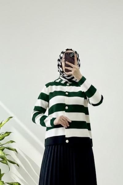 Breton çizgili triko hırka Yeşil