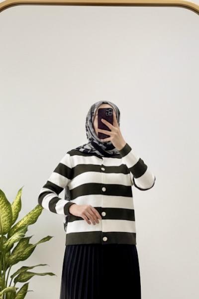 Breton çizgili triko hırka Koyu Yeşil