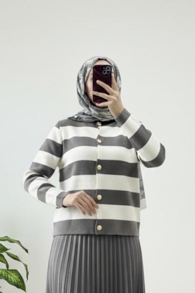 Breton çizgili triko hırka Gri