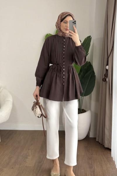 Brit Düğmeli Gömlek Kahverengi