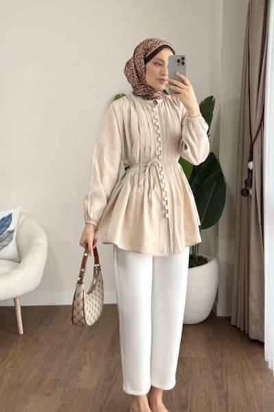 Brit Düğmeli Gömlek Krem
