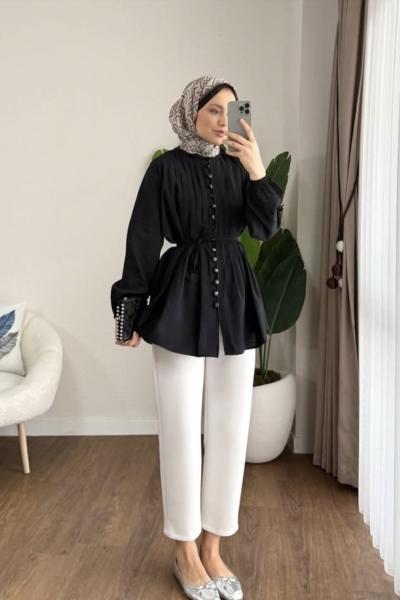 Brit Düğmeli Gömlek  Siyah