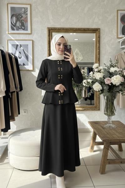 Çıtçı Detaylı Etekli Takım Siyah