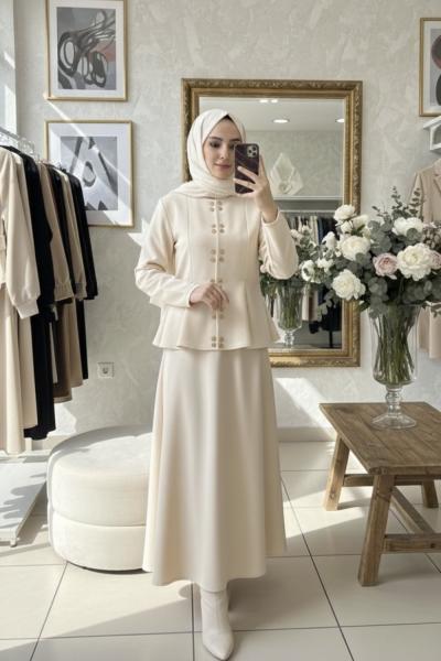 Çıtçıt Detaylı Etekli Takım Krem