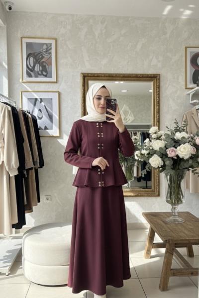 Çıtçıt Detaylı Etekli Takım  Bordo