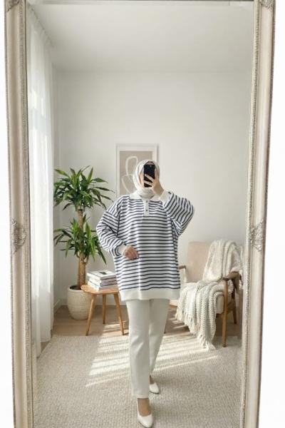 Çizgili polo yaka sweatshirt Lacivert Çizgili