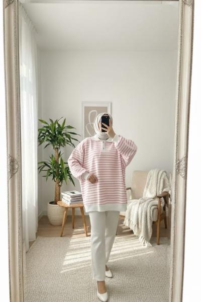 Çizgili polo yaka sweatshirt Çizgili Pembe