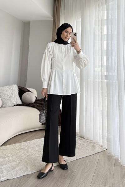 Drapeli Detay Gömlek Beyaz
