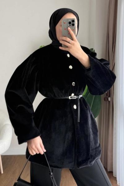 Düğmeli tay tüyü ceket Siyah