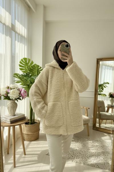 Fermuarlı peluş mont Krem