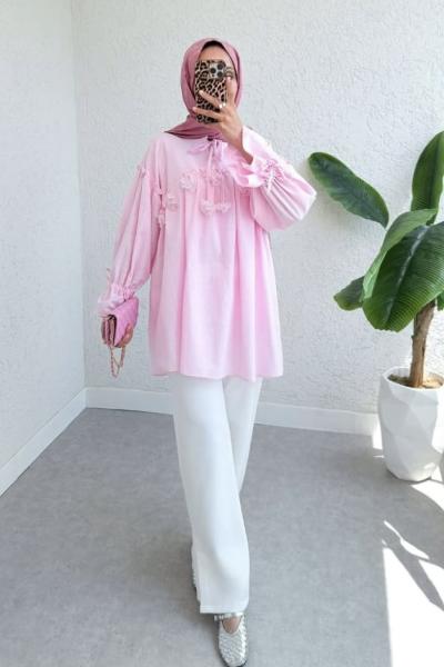 Fiyonk  süslemeli gömlek Pembe