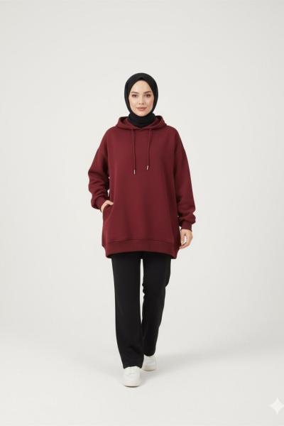 Gizli cepli salaş sweatshirt Bordo