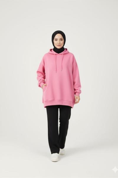 Gizli cepli salaş sweatshirt Pembe
