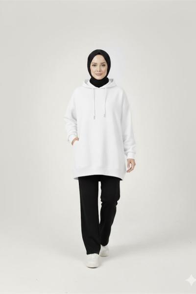 Gizli cepli salaş sweatshirt Beyaz