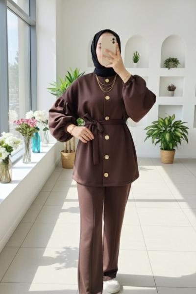 Gold düğmeli scuba takım Kahverengi