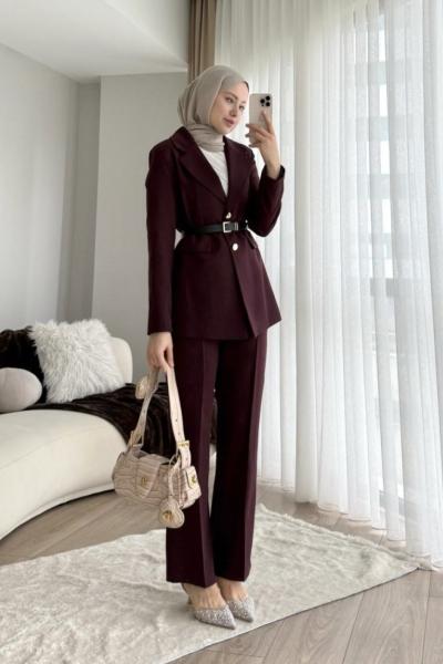 Kemerli Blazer Takım Mürdüm