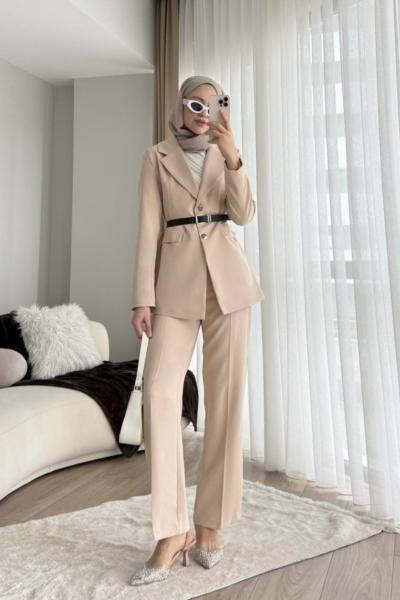 Kemerli Blazer Takım Bej