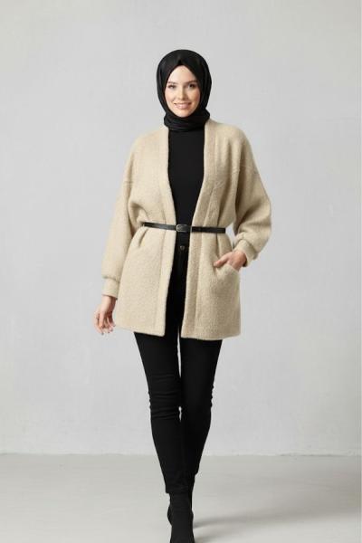 Kemerli buklet ceket Ekru