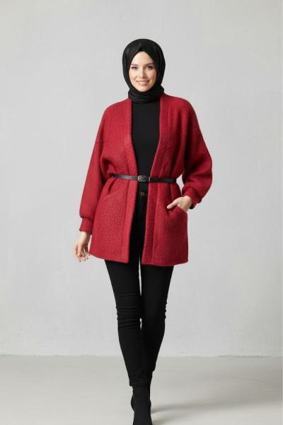 Kemerli buklet ceket Bordo