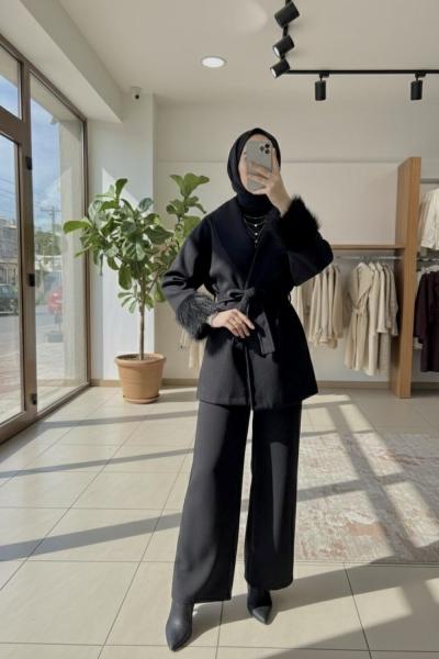 Kolları Tüylü Kısa Kaban Siyah