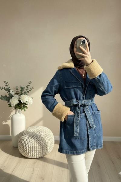 Kürk detaylı kot ceket Mavi