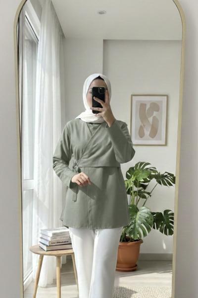 Kuş Gözlü Asimetrik Gömlek Mint Yeşili