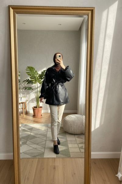 Lahza kemerli deri ceket Siyah