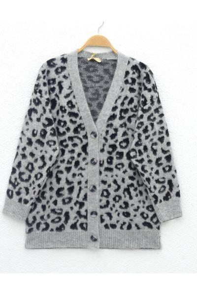 Leoparlı v yaka hırka Gri
