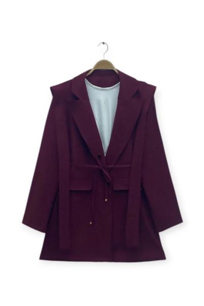 Linya  kemerli ceket Bordo