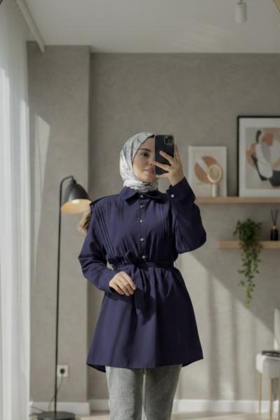 Nervürlü belden bağlamalı gömlek  Lacivert