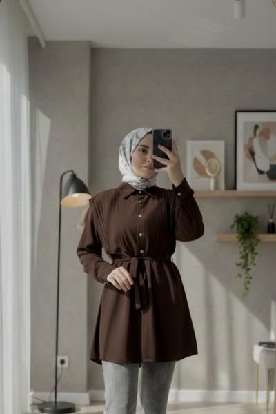 Nervürlü belden bağlamalı gömlek  Acı Kahve