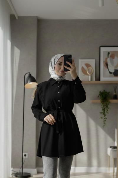 Nervürlü belden bağlamalı gömlek  Siyah