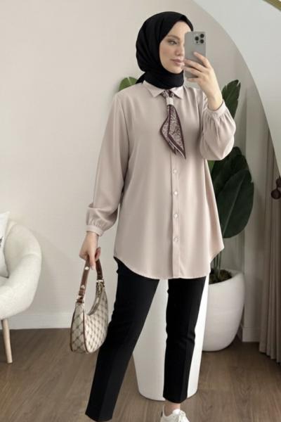 Neva Fularlı gömlek Vizon