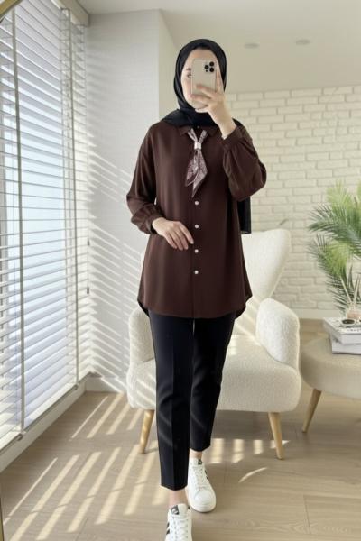 Neva Fularlı Gömlek Kahverengi