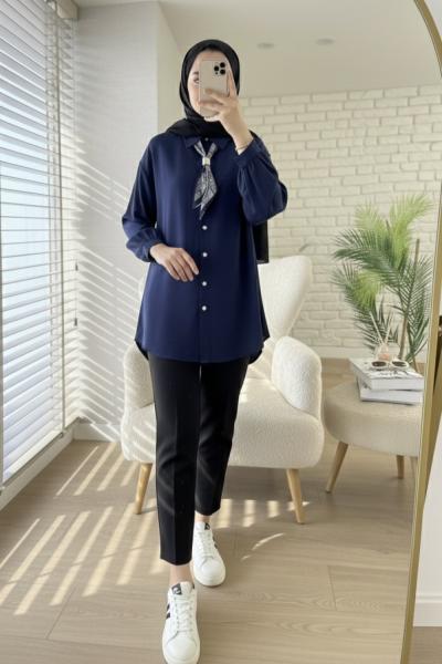 Neva Fularlı Gömlek Lacivert