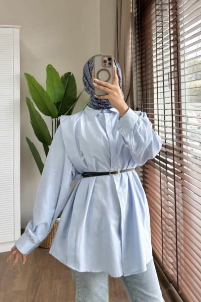 Omzu Volanlı Gömlek Bebe Mavisi