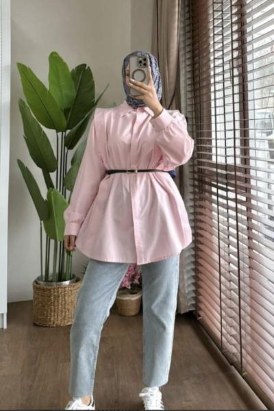 Omzu Volanlı Gömlek Pembe