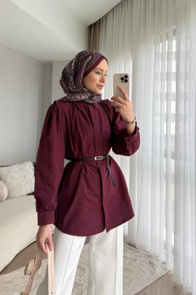 Omzu Volanlı Gömlek Bordo