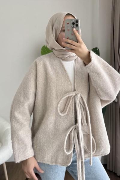 Önü bağcıklı kaşmir ceket Krem