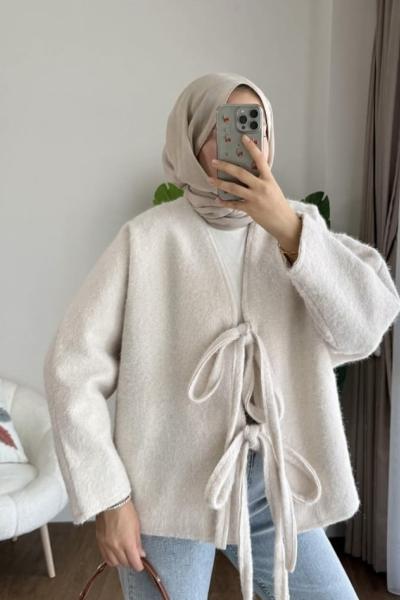 Önü bağcıklı kaşmir ceket Bej