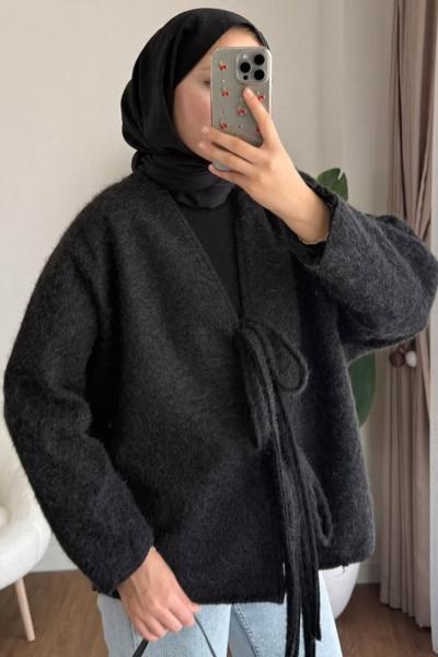 Önü bağcıklı kaşmir ceket Siyah