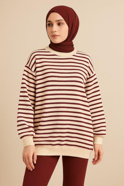 Oversize çizgili sweatshirt Bordo