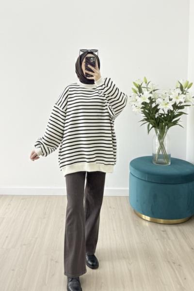Oversize çizgili sweatshirt Siyah